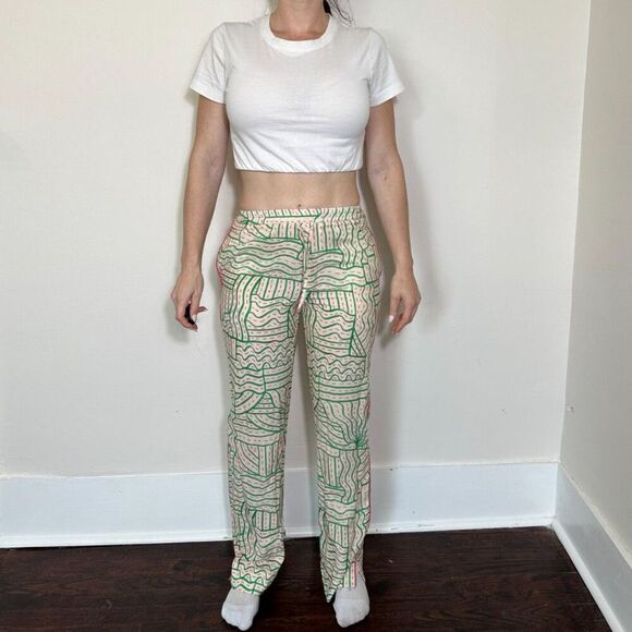 Zara Linen Blend Graffiti Print Pant Cream Green Pink Jogger Pajama Trouser XS - Picture 2 of 8